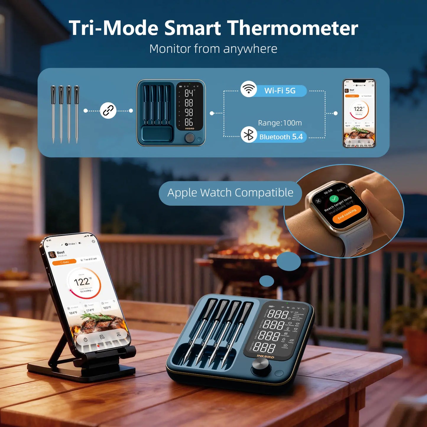 INKBIRD Wifi 5G and Bluetooth Meat Thermometer with 4 Multi-Sensor Probes, NIST Accredited Accuracy, for Apple Watch Monitoring for BBQ, Grill, Oven ,Restock
