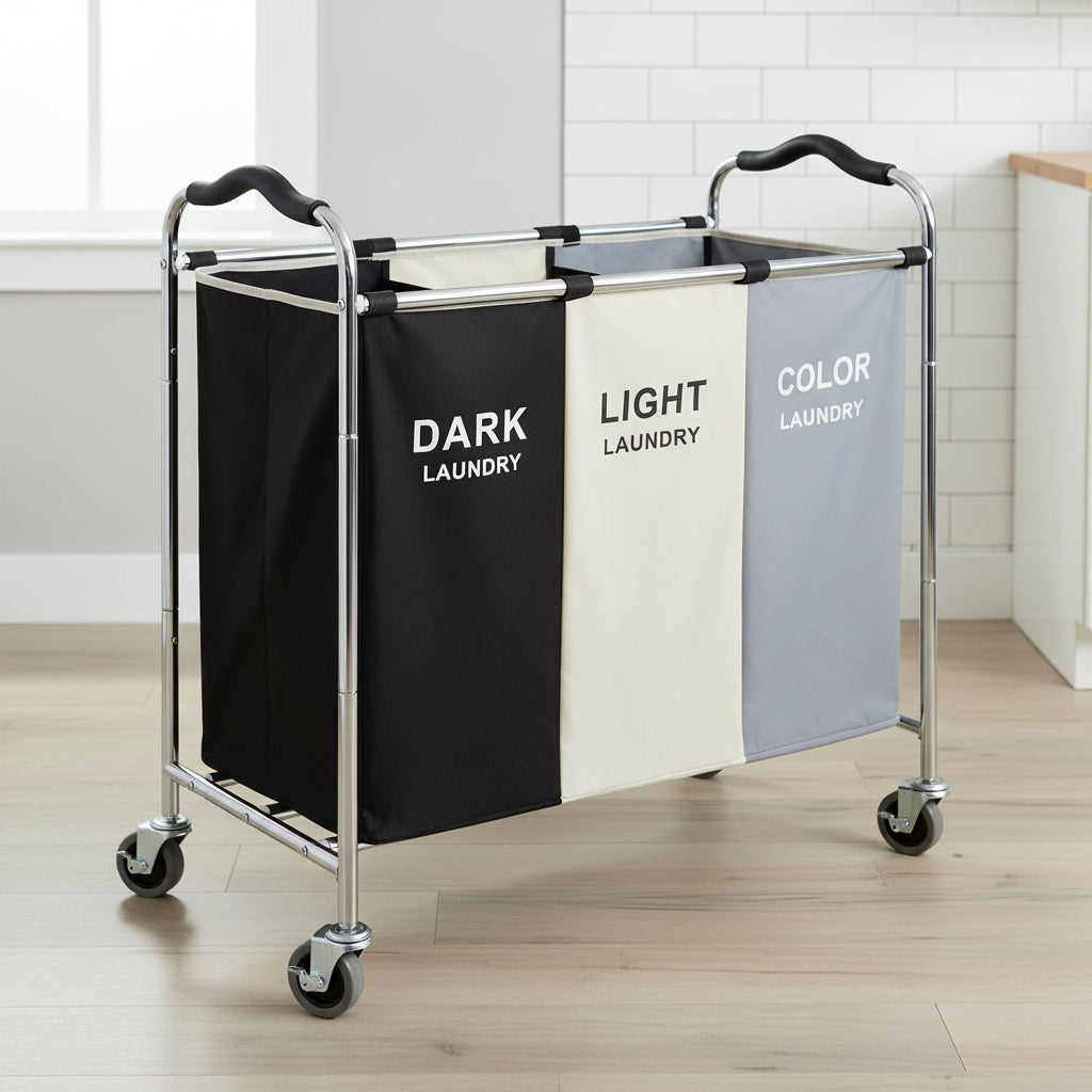 Laundry Basket with Wheels, 240L Laundry Hamper with 3 Section Laundry Bag for Dirty Clothes, Dorm Room Essentials, Towel Organization & Toys Storage Laundry Cart in Laundry Room Organization