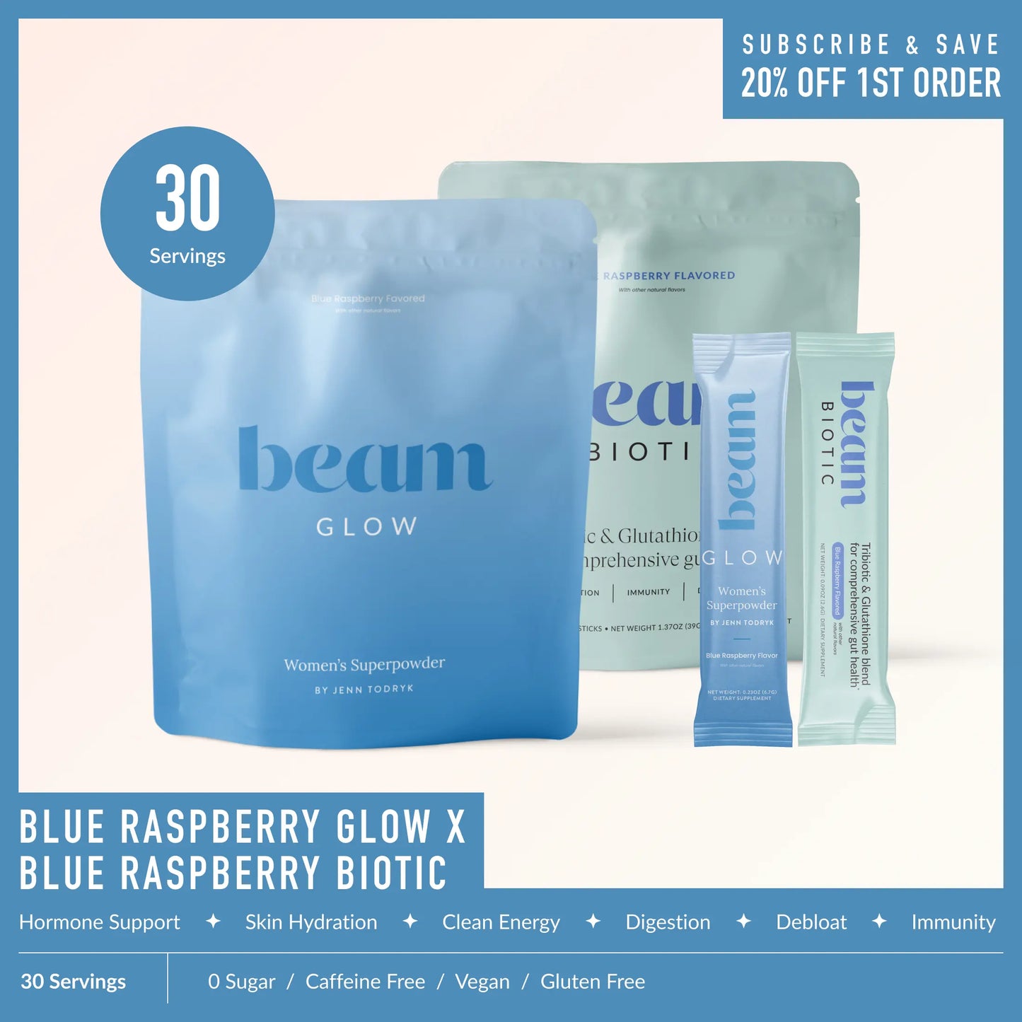 Beam Glow + Biotic Duo — 30 Single-Serve Sticks for Hormone Balance & Gut Health (Strawberry Kiwi + Mixed Berry)