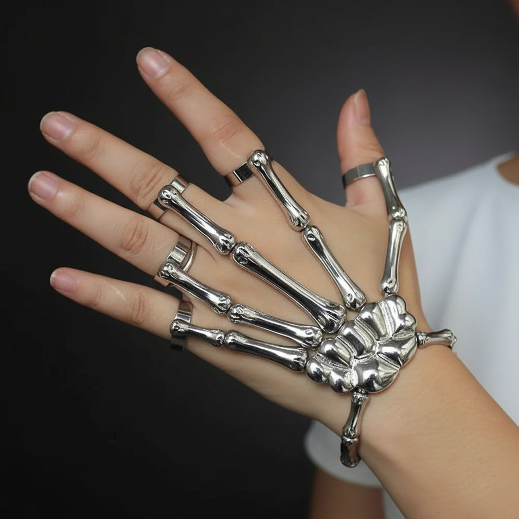 Gothic Skeleton Bone Hand Bracelet with Ring Unisex Punk Style Adjustable Metal Skull Finger Bangle Bracelet for Women Men