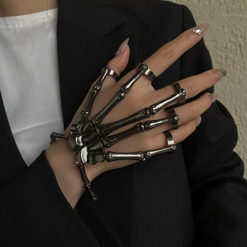 Gothic Skeleton Bone Hand Bracelet with Ring Unisex Punk Style Adjustable Metal Skull Finger Bangle Bracelet for Women Men