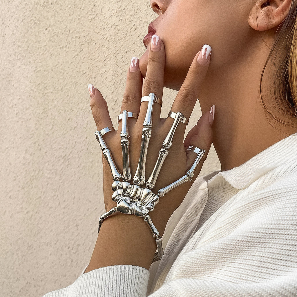 Gothic Skeleton Bone Hand Bracelet with Ring Unisex Punk Style Adjustable Metal Skull Finger Bangle Bracelet for Women Men
