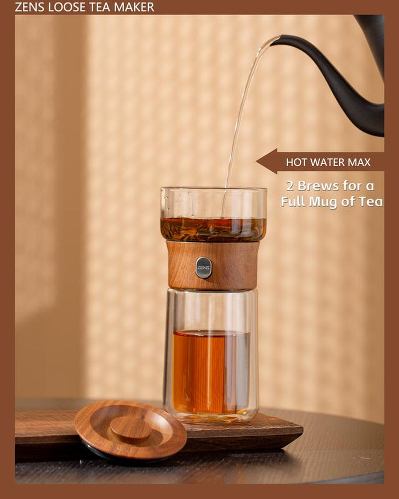 ZENS Modern Borosilicate Glass Teapot with One-Touch Infuser for Loose Leaf Tea Insulated Mug Portable Tea Kit for Office Travel Ideal Gift for Tea Lovers - Wooden