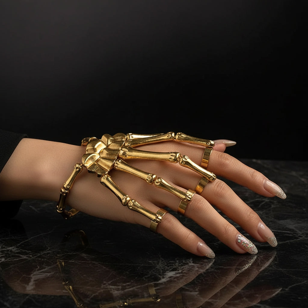 Gothic Skeleton Bone Hand Bracelet with Ring Unisex Punk Style Adjustable Metal Skull Finger Bangle Bracelet for Women Men