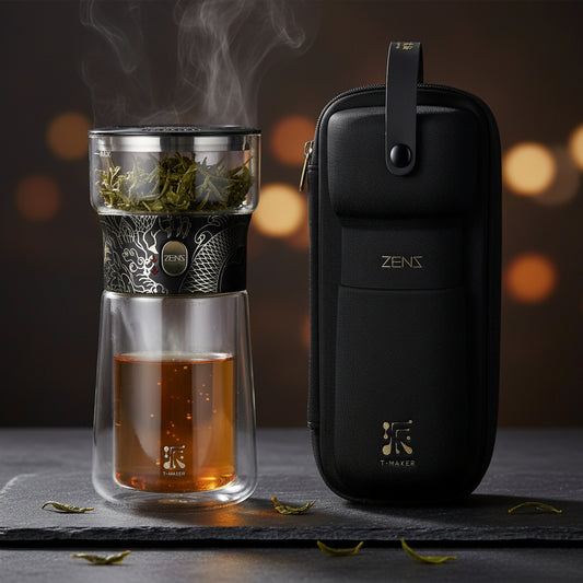 ZENS Modern Borosilicate Glass Teapot with One-Touch Infuser for Loose Leaf Tea Insulated Mug Portable Tea Kit for Office Travel Ideal Gift for Tea Lovers - Wooden