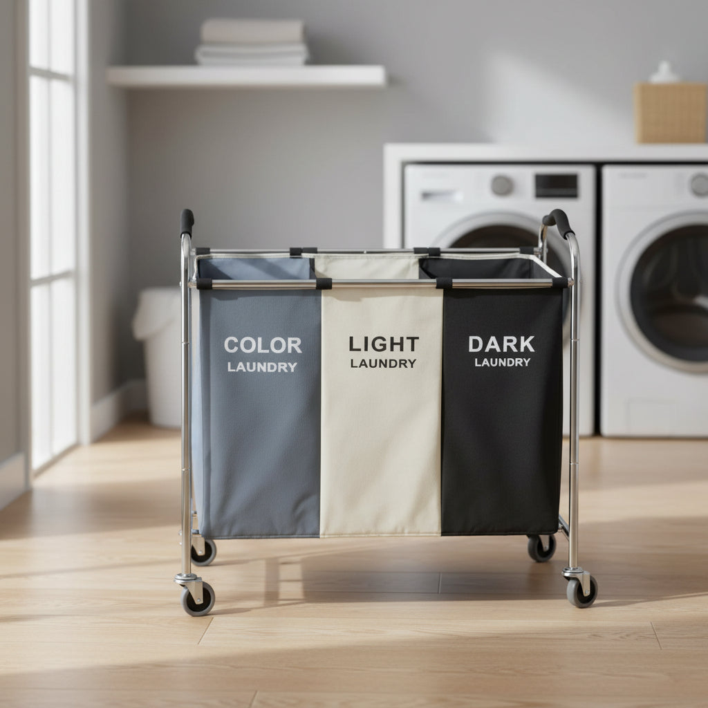 Laundry Basket with Wheels, 240L Laundry Hamper with 3 Section Laundry Bag for Dirty Clothes, Dorm Room Essentials, Towel Organization & Toys Storage Laundry Cart in Laundry Room Organization