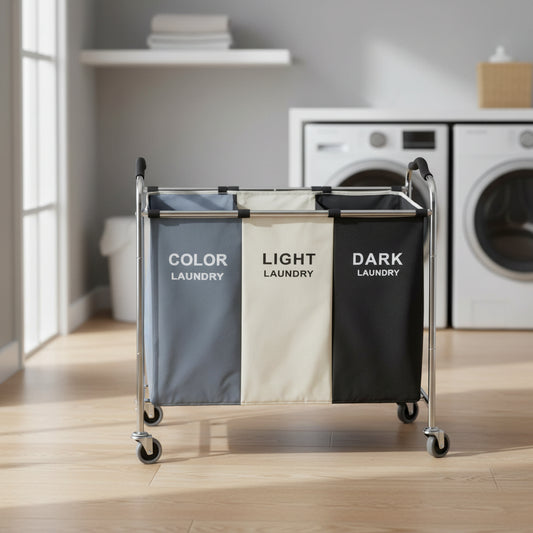 Laundry Basket with Wheels, 240L Laundry Hamper with 3 Section Laundry Bag for Dirty Clothes, Dorm Room Essentials, Towel Organization & Toys Storage Laundry Cart in Laundry Room Organization