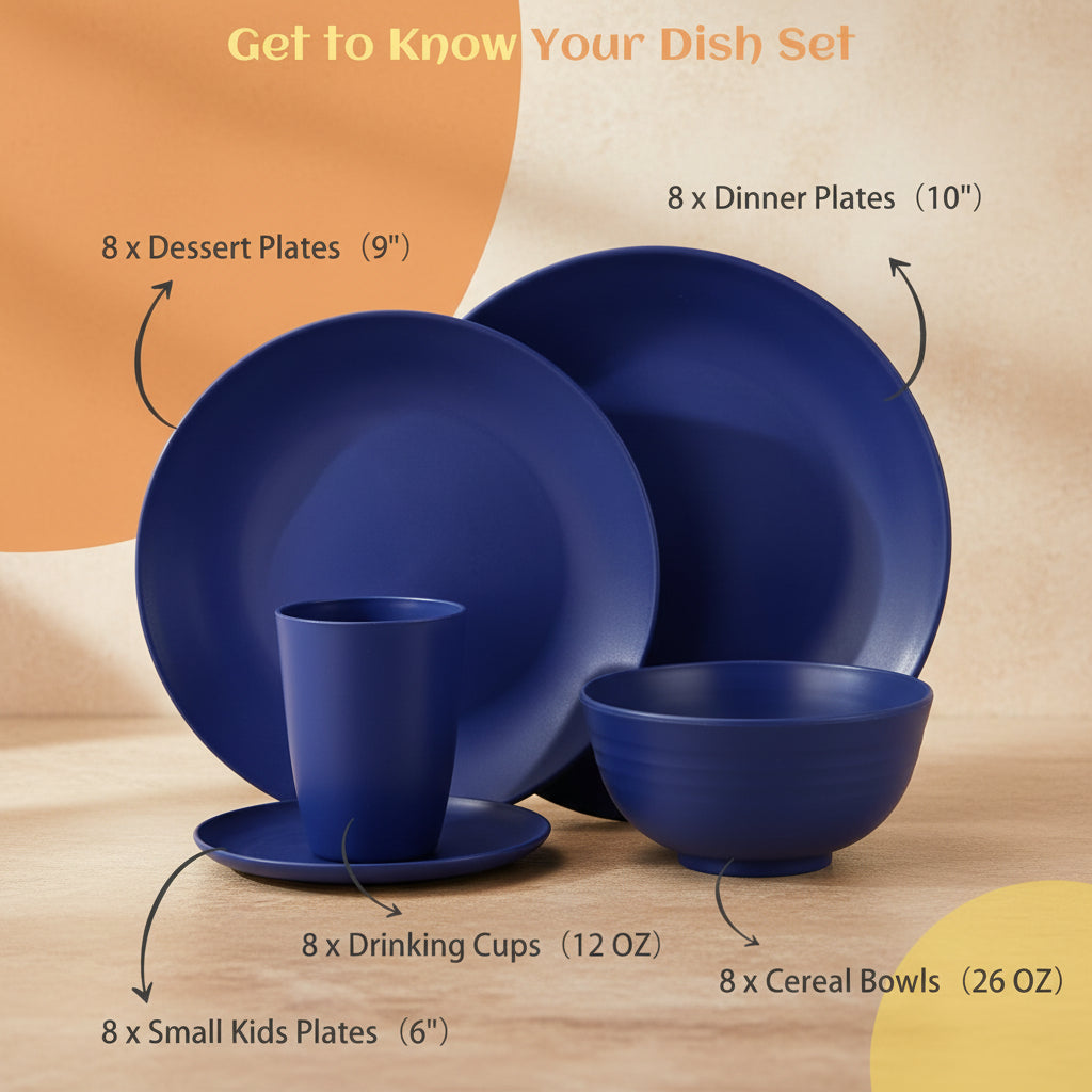 40 Pcs Wheat Straw Dinnerware Sets, Dinner Plates, Cups, Pasta Bowls, Dishes Set for 8, Microwave Safe Plates and Bowls Sets, Blue