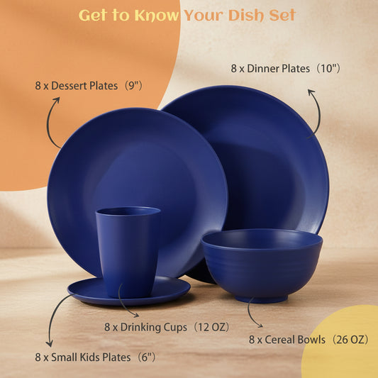 40 Pcs Wheat Straw Dinnerware Sets, Dinner Plates, Cups, Pasta Bowls, Dishes Set for 8, Microwave Safe Plates and Bowls Sets, Blue