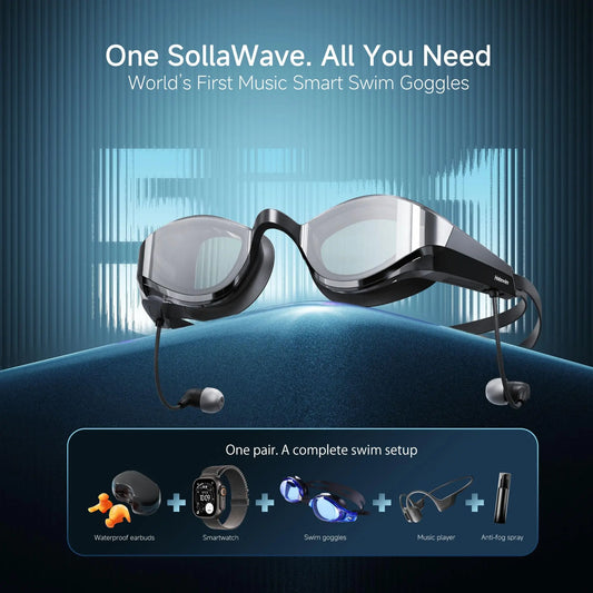 Holosport Sollawave AI Music Smart Goggles Swimming Headphones, Real-Time Voice Feedback + 4GB MP3 Player, 9-Axis Motion Tracking Swimming Earbuds, IP68 Waterproof Headphones for Swimming with App & AI Analysis