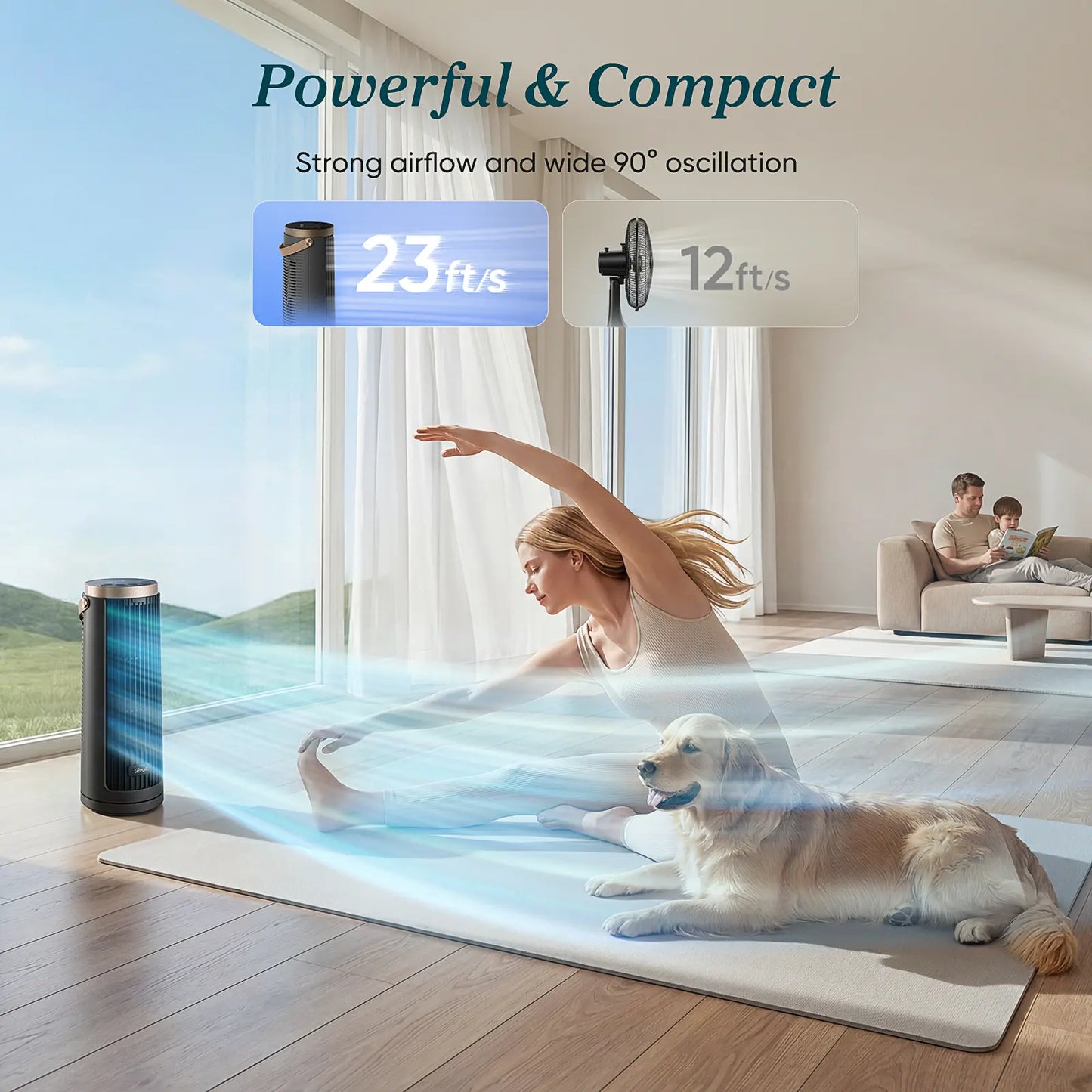 LEVOIT 2026 New Windi Tower Fan, Portable, up to 20H Runtime, 5 Speeds + Turbo, 0–90° Oscillation, 20Db Quiet DC Motor, 23 Ft/S Airflow, Night Light, Foldable Charging Base, Timer 2/4/8/12H, Cooling Fan, Cordless Fan, Summerwins